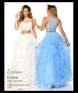 Two models display formal two-piece gowns, one in white and one in blue, featuring ruffled skirts and beaded tops.