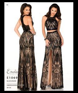Two women modeling a sleeveless black and nude embroidered formal gown with a front slit, shown from front and back.